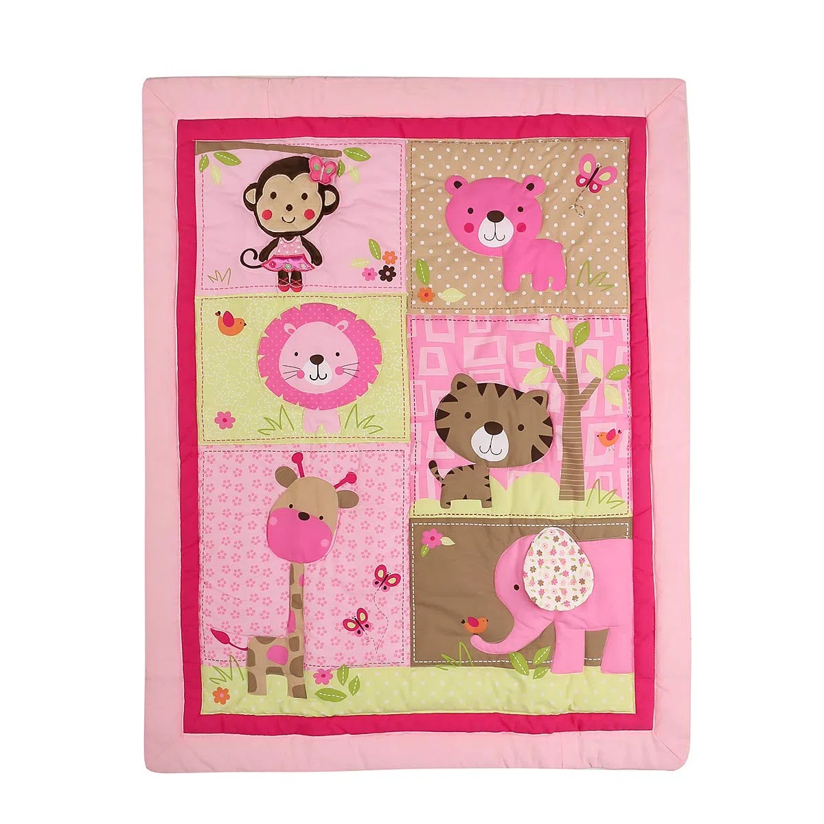 Brandream Juego de ropa de cama para cuna de elefante rosa para niñas | 3 piezas Jungle Nursery Set, león, mono, tigre, oso, mariposa, jirafa, mono, pájaros, tema del zoológico de animales dulces