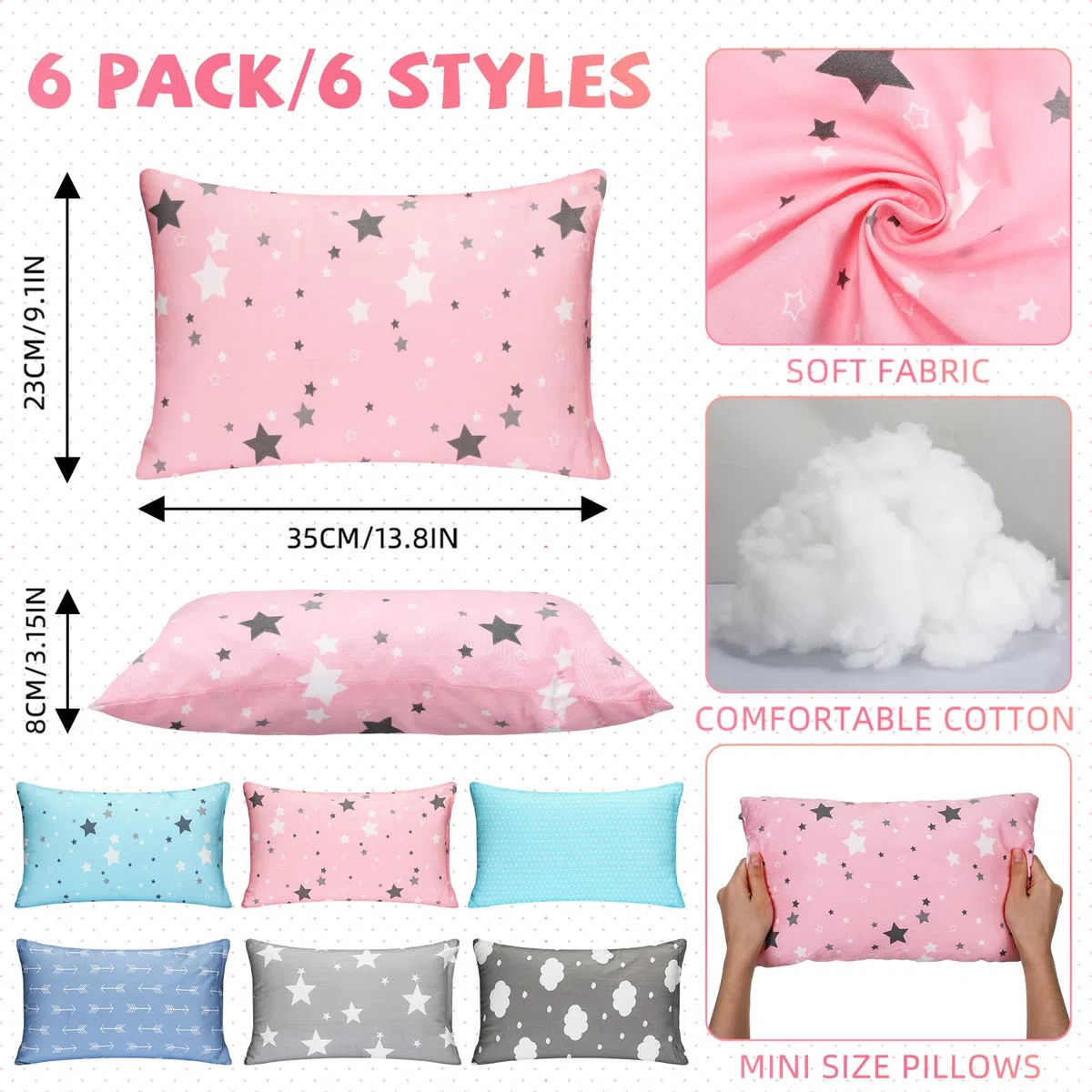Kigley Paquete de 6 mini almohadas para guardería, viajes, almohadas pequeñas para niños, almohadas para dormir, suaves, transpirables, lavables a máquina, almohada para perros pequeños para