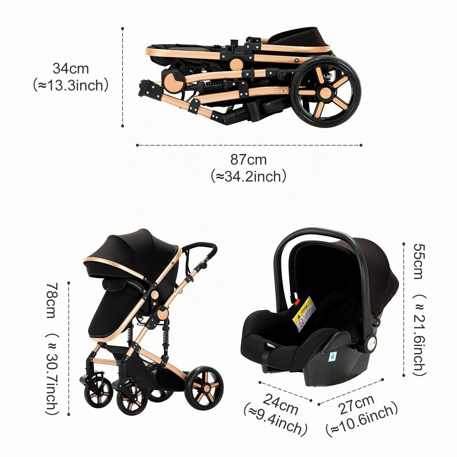 MoLi Carrito de Bebe 3 en 1, Carro Bebe 3 Piezas Plegado Conveniente con Un Solo Clic, Carrito Bebes con Modo de Doble Empuje Reversible, Cochecito Tres Piezas Paisaje Alto (588 Noir Gold)