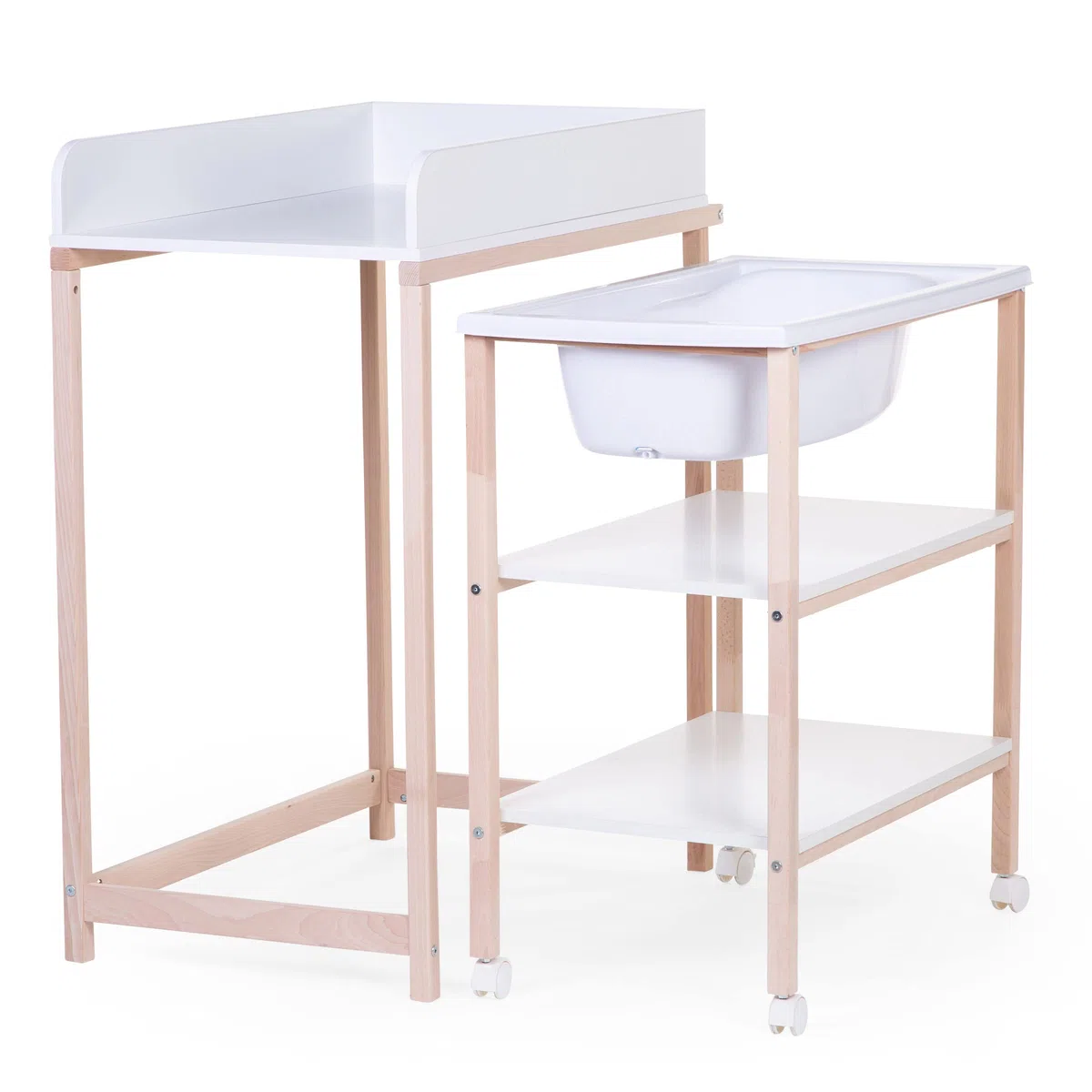 Béaba Mesa cambiador con bañera, ruedas fáciles de mover, unidad de cambio, robusta, seguridad óptima, ultra práctica, compacta, madera natural de haya, Blanco
