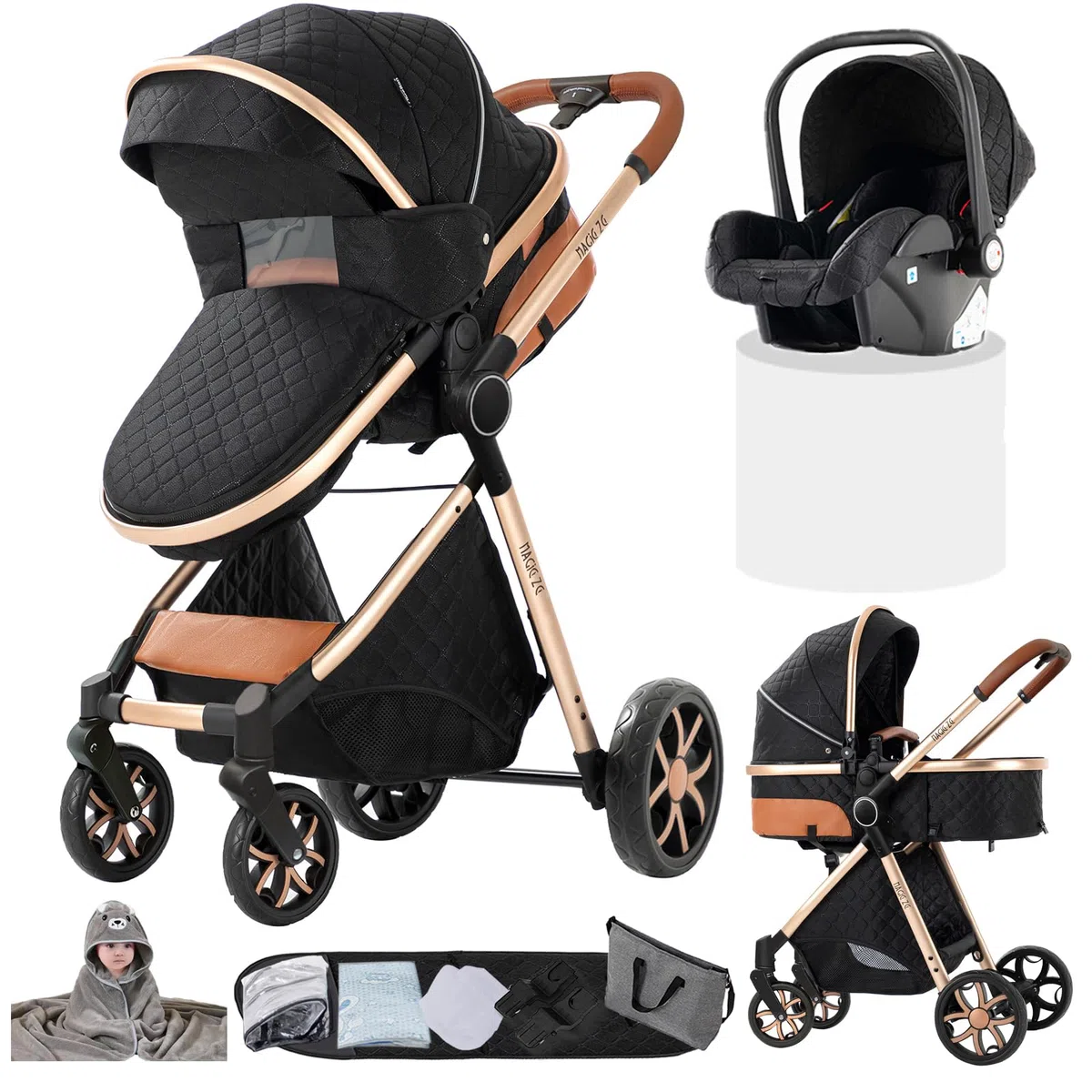 Carro Bebe 3 Piezas, Carrito Bebe 3 en 1 con Dos Modos de Empuje Reversibles, Cochecito Tres Piezas con Capazo Grande Cómodo, Carricoche Tres Pieza Alto Paisaje (YV9 Black)