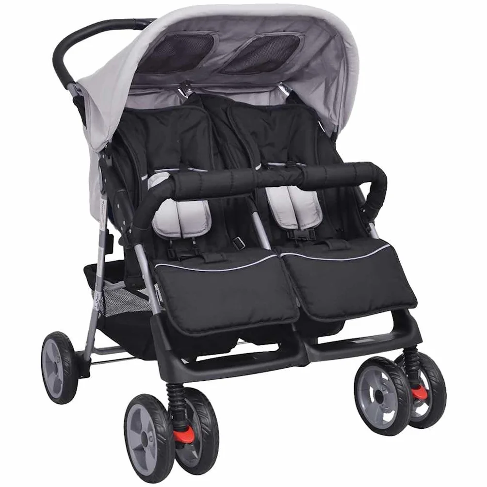 Carrito doble de acero gris y negro, plegable con función reclinable y capota, cochecito ligero para 1 – 2 niños de hasta 15 kg, maniobrable carro combinado para ciudad, paseo y compras