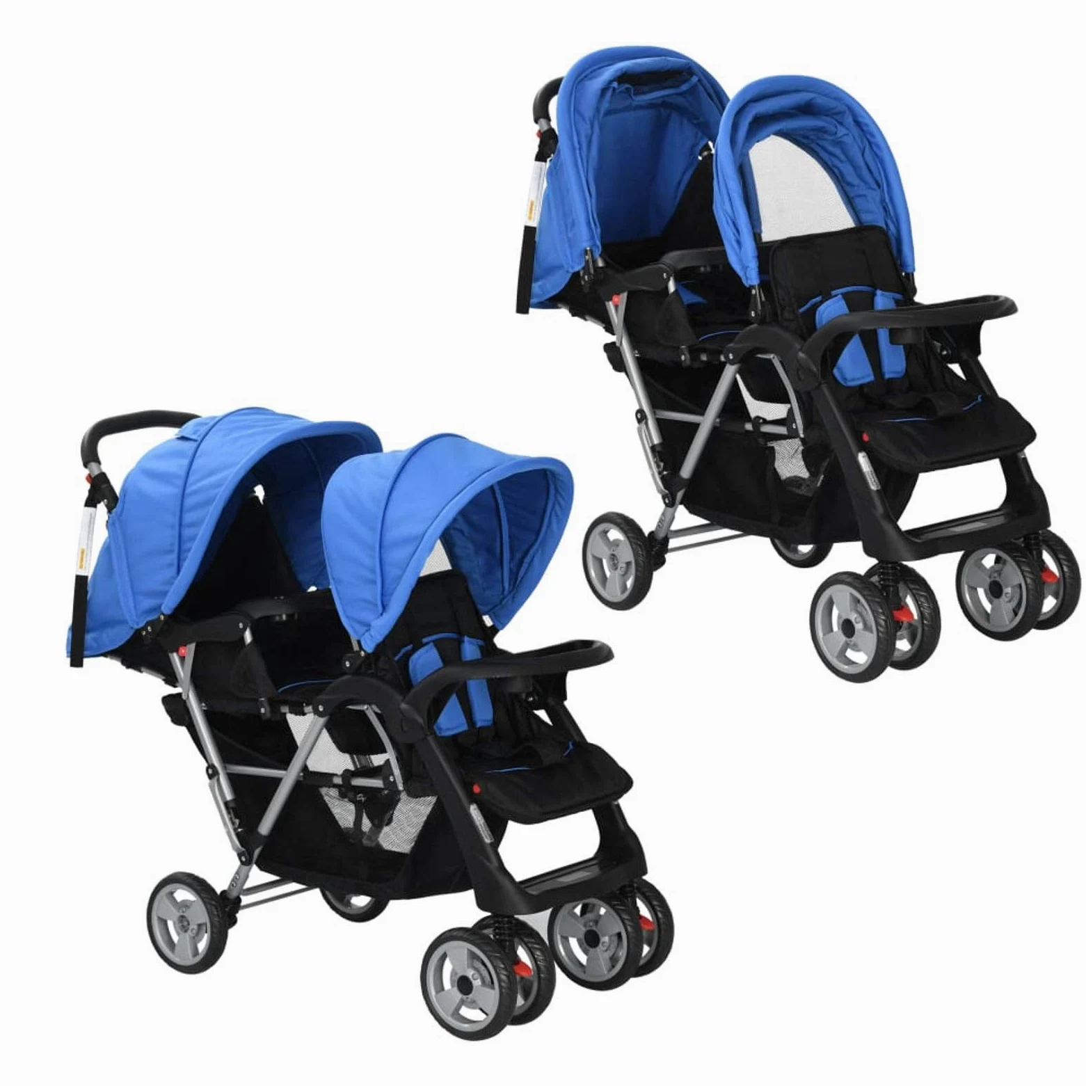 Carrito para dos bebé, BULANED Cochecito Bebe, Coche Bebe, Baby Stroller,s tandem azul y negro de acero
