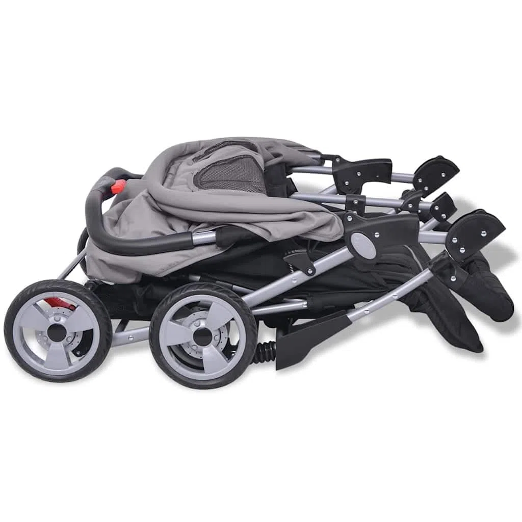 Carrito doble de acero gris y negro, plegable con función reclinable y capota, cochecito ligero para 1 – 2 niños de hasta 15 kg, maniobrable carro combinado para ciudad, paseo y compras