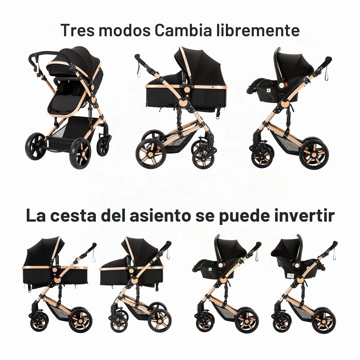 MoLi Carrito de Bebe 3 en 1, Carro Bebe 3 Piezas Plegado Conveniente con Un Solo Clic, Carrito Bebes con Modo de Doble Empuje Reversible, Cochecito Tres Piezas Paisaje Alto (588 Noir Gold)