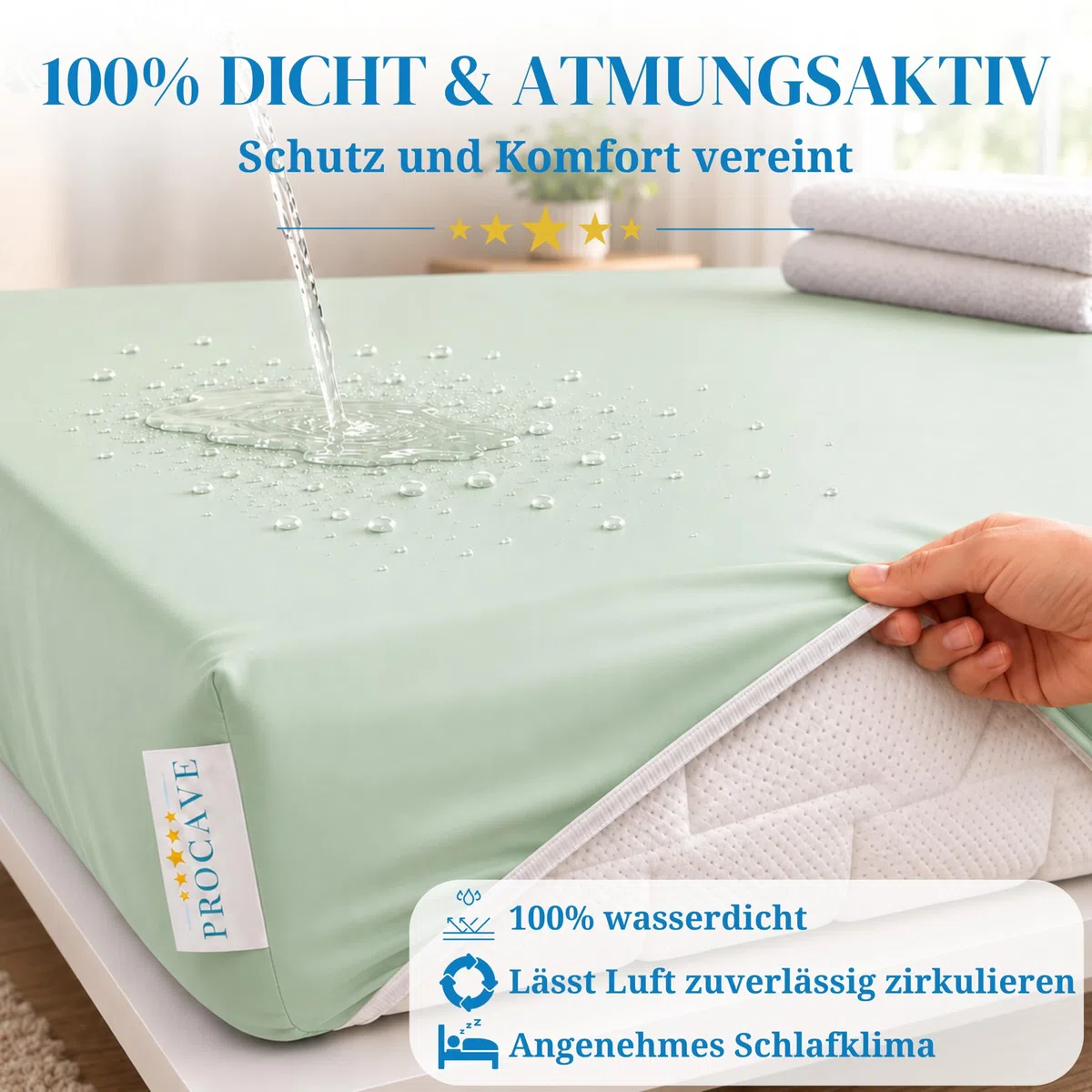 PROCAVE Sábana Bajera Impermeable en Color Verde, Transpirable y Lavable, Protector de colchón de fácil Cuidado, Fabricado en Alemania, en 170 x 190 cm