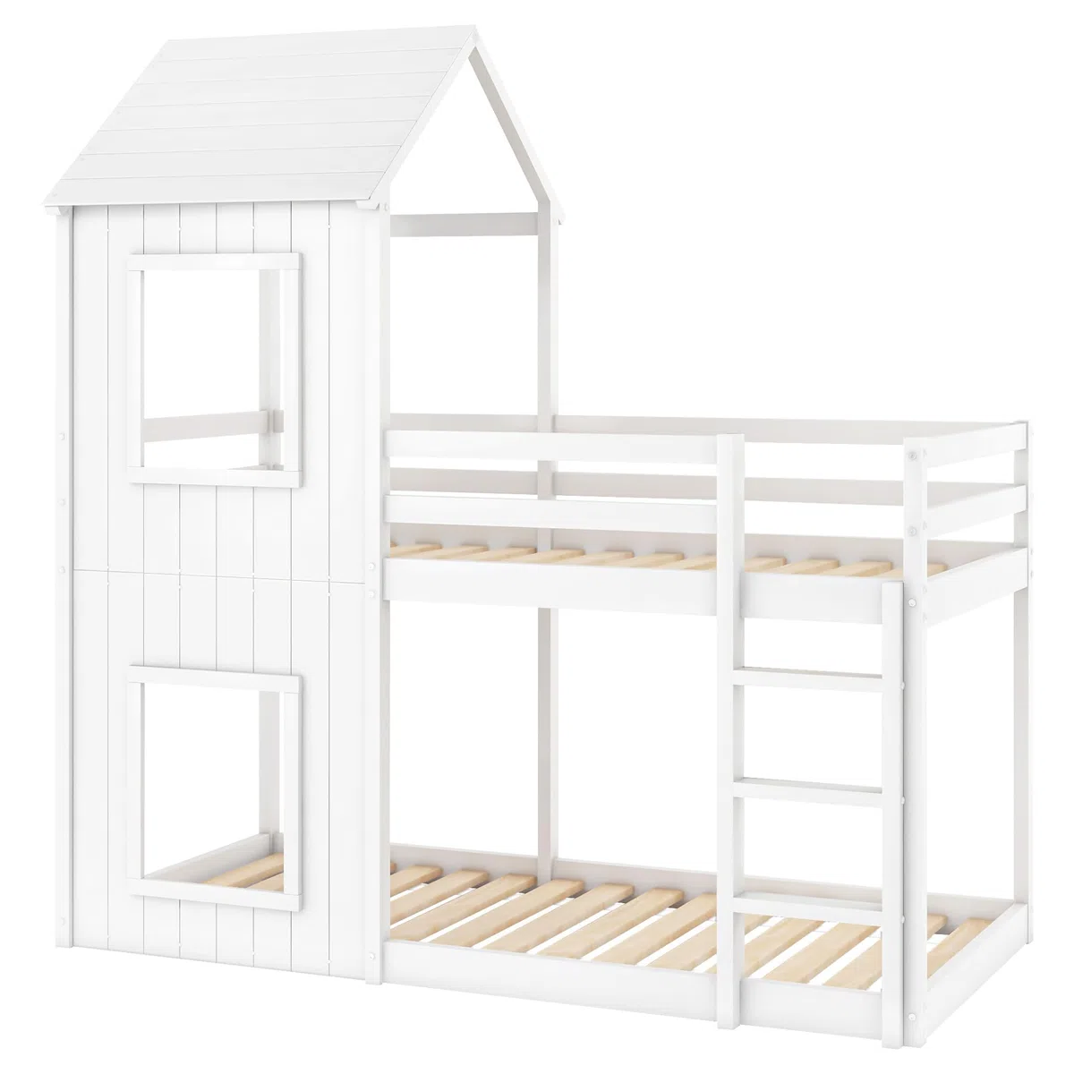 Litera 90x200cm, Cama Infantil, casita para niñas y niños, con Escalera y Dosel, del Suelo al Techo, Madera Maciza