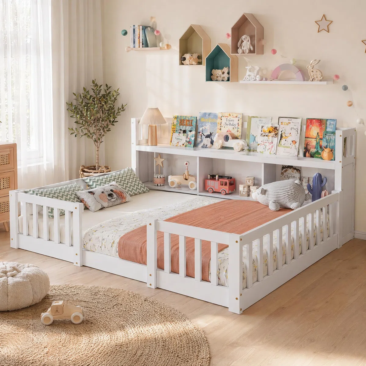 DADEA Cama Infantil De Suelo 140 X 200 Cm Con Protección Anticaída Y Somier, Cama De Día Montessori Con Compartimento De Almacenamiento, Sofá Cama Infantil Con Estante Abierto