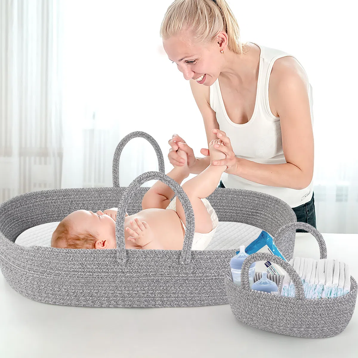 Pro Goleem - Cesta para pañales portátil para bebé recién nacido con 1 almohadilla de espuma, 2 fundas impermeables y 1 organizador de pañales