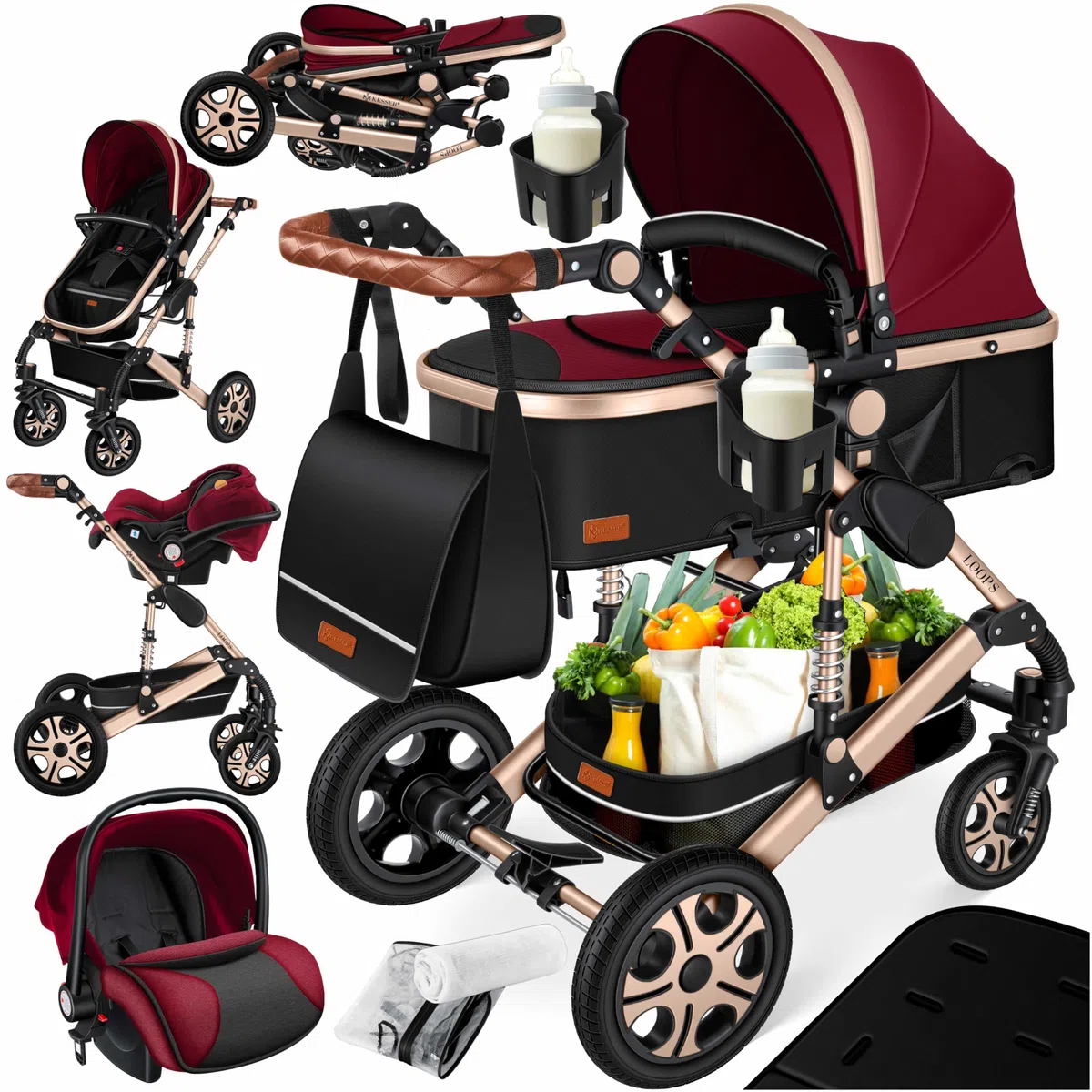 KESSER® Loops 3 in 1 Stroller combo juego completo de sillas de paseo incl. Asiento deportivo para bañera y silla de paseo, neumáticos de caucho macizo, bolso cambiador
