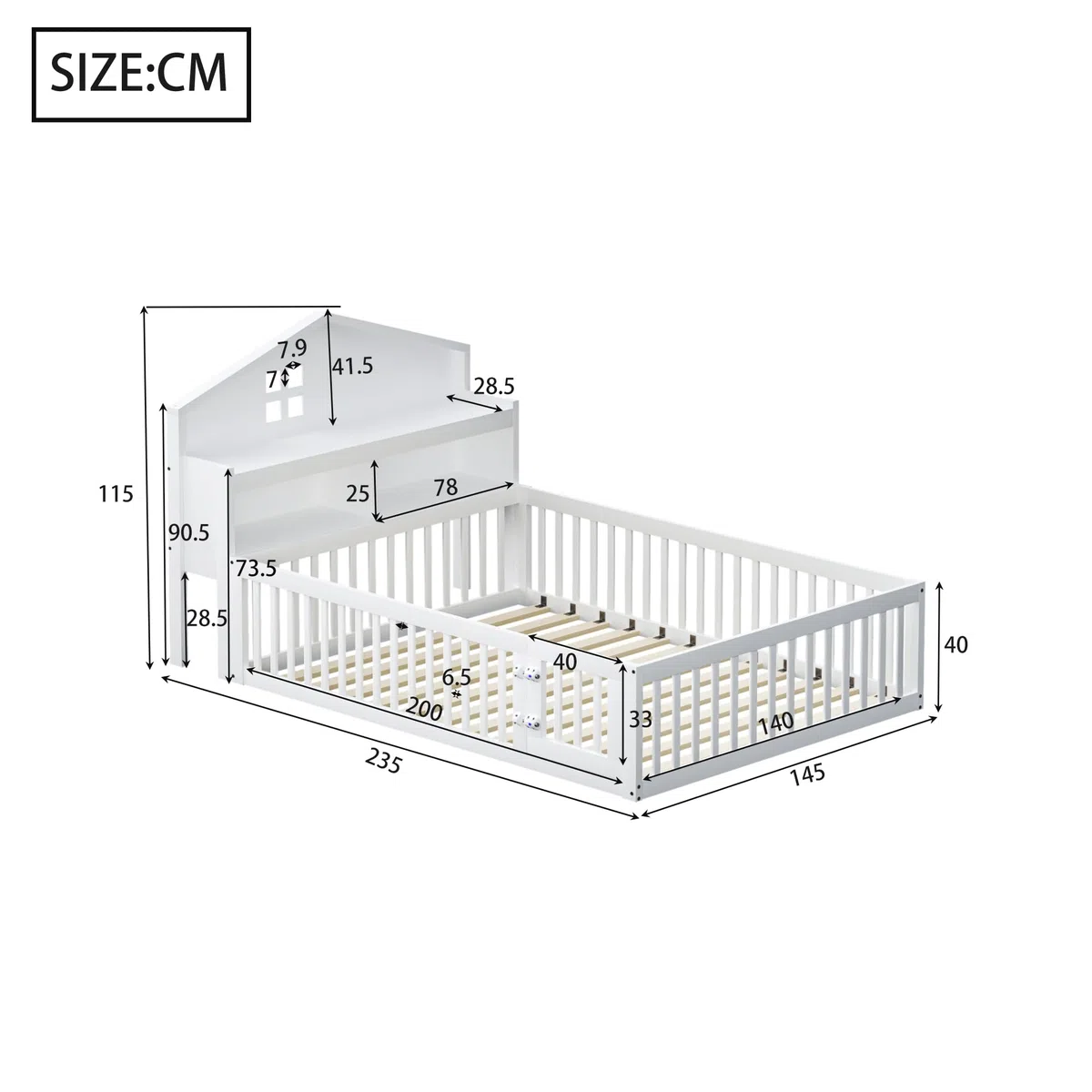 Cama infantil de 140 x 200 cm, marco de madera maciza, con estantes y espacio de almacenamiento, con rejilla de protección y puerta, con listón de cuadros, con somier (blanco)