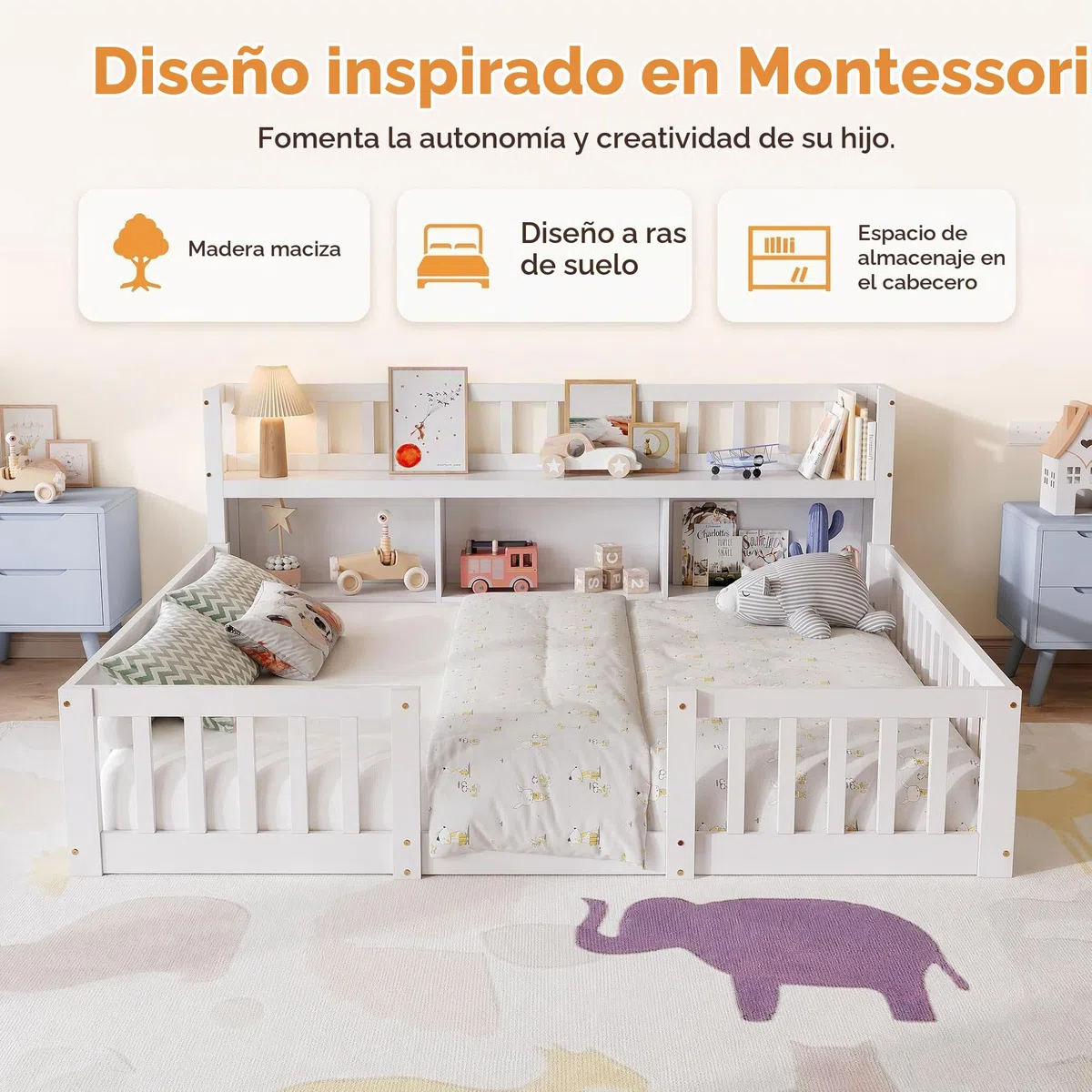 DADEA Cama Infantil De Suelo 140 X 200 Cm Con Protección Anticaída Y Somier, Cama De Día Montessori Con Compartimento De Almacenamiento, Sofá Cama Infantil Con Estante Abierto