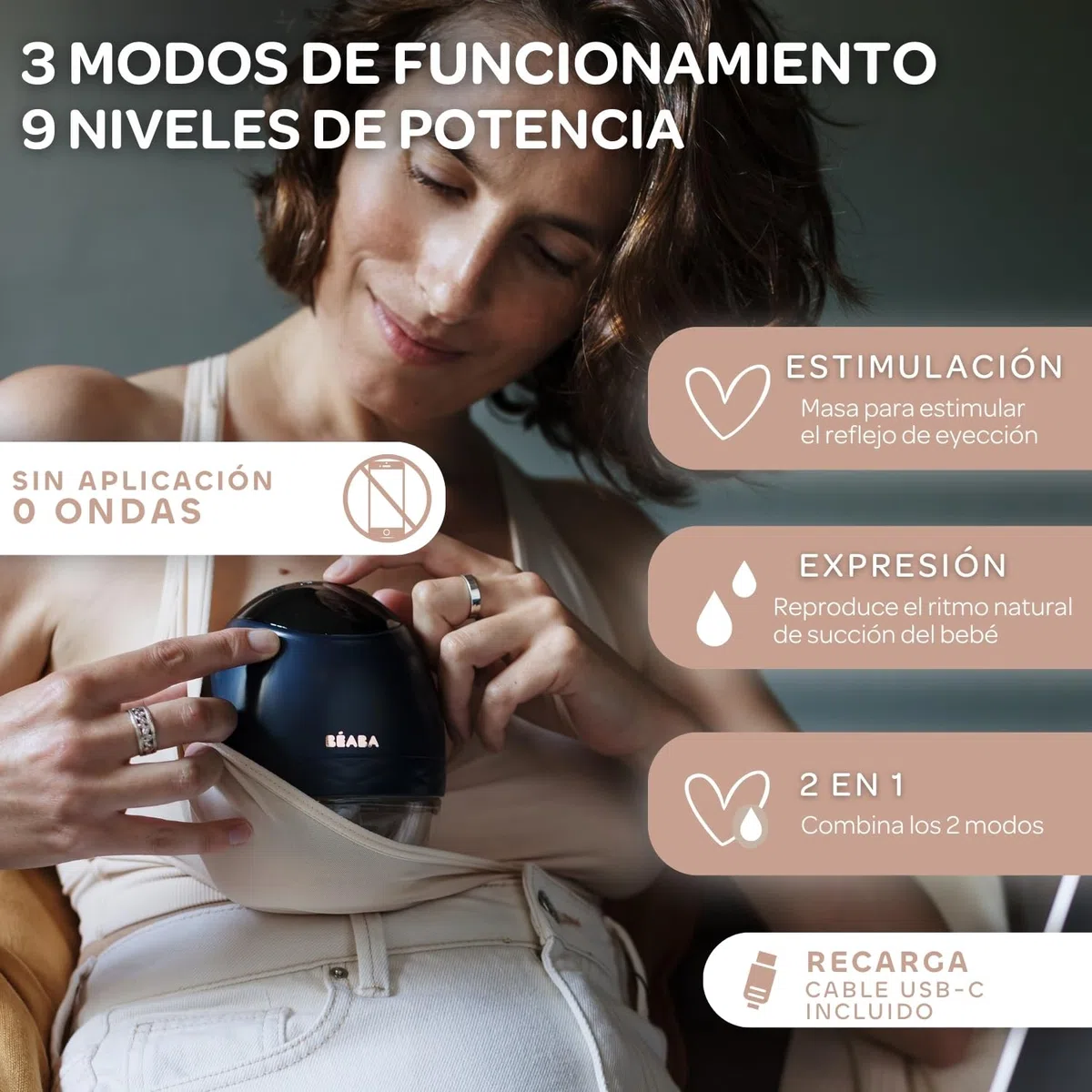 BÉABA, Sacaleche Eléctrico Manos Libres, Ligero, Compacto, 3 Modos, 9 Niveles, 0 Ondas, Silencioso, Gran Capacidad 180mL, Temporizador, Función Memoria, 6 Sesiones, Carga USB C, Azul Noche