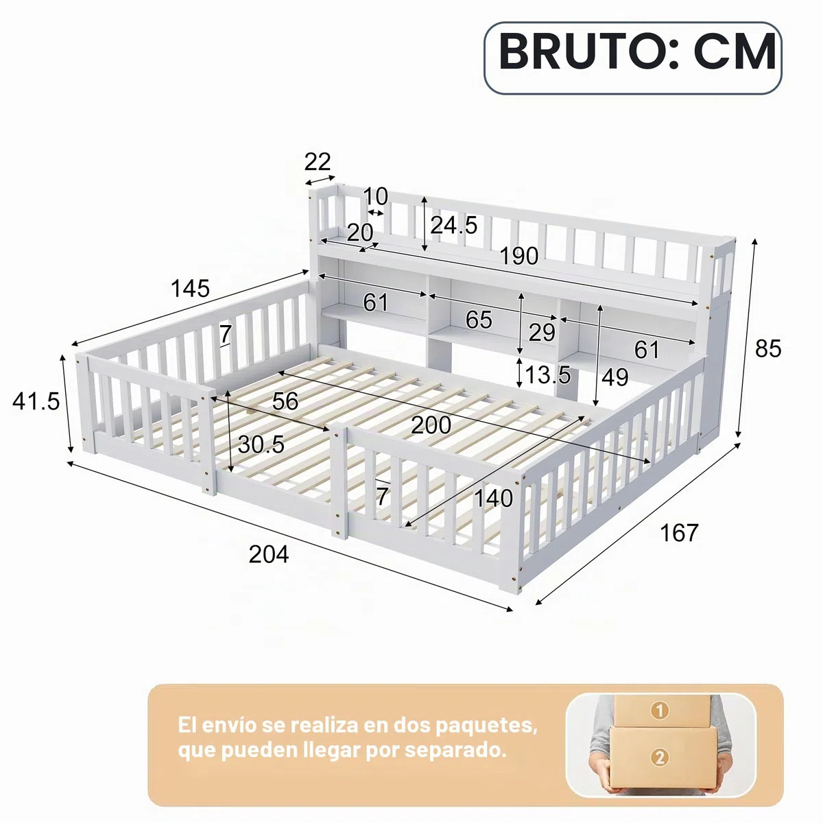 DADEA Cama Infantil De Suelo 140 X 200 Cm Con Protección Anticaída Y Somier, Cama De Día Montessori Con Compartimento De Almacenamiento, Sofá Cama Infantil Con Estante Abierto
