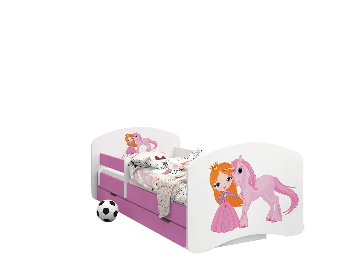 Happy Babies - Cama Infantil Rosa Doble Cara con CAJÓN Diseño Moderno con Bordes Seguros y colchón de Espuma anticaída 7 cm (40. Princesa y Unicornio, 140x70)