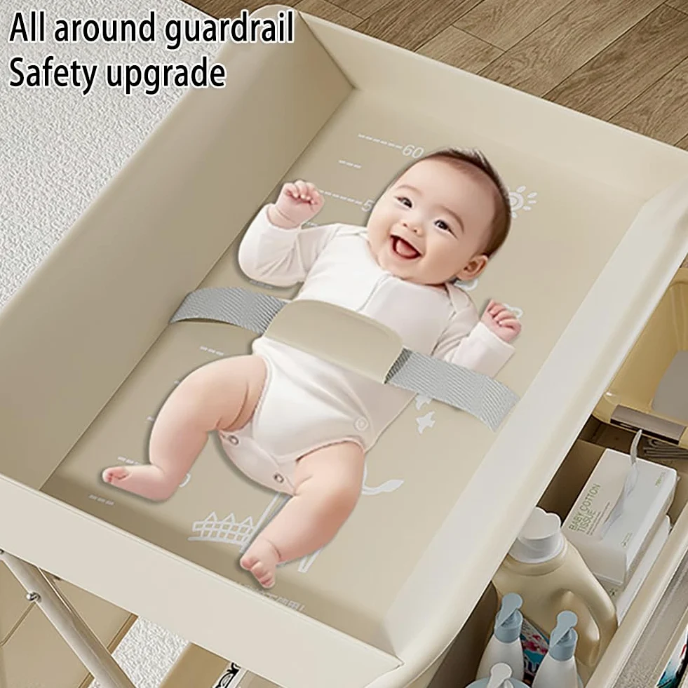 Mueble Cambiador Bebe Plegable con Ruedas,Compartimentos de Almacenamiento y Correa de Seguridad,Altura Ajustable,Móvil Cómoda Cambiador Bebe para Cambiar Pañales y Ropa,Gris