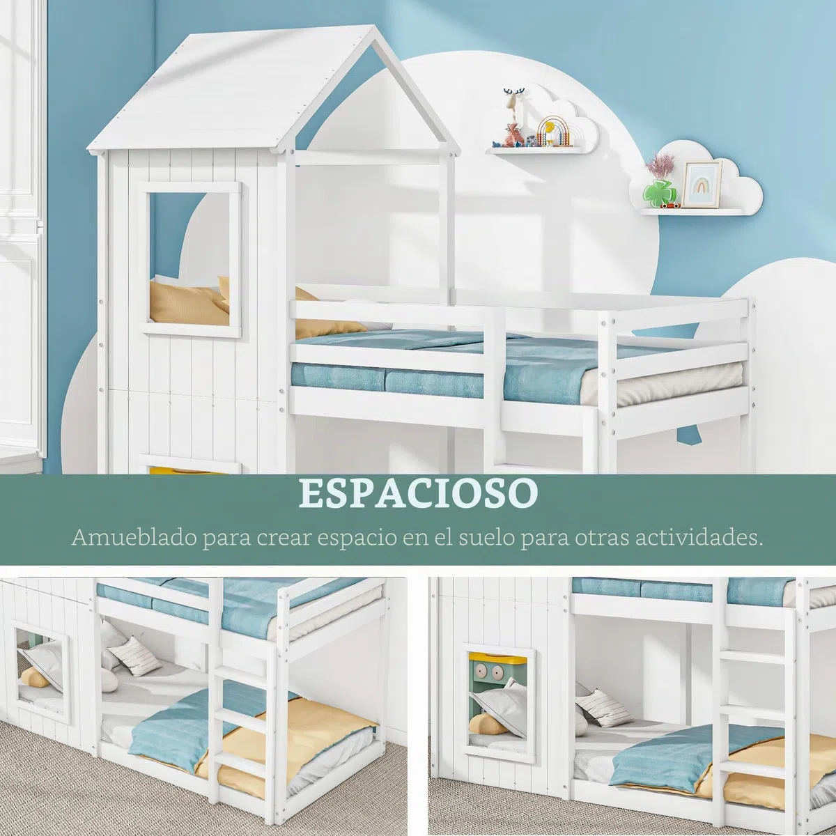 Litera 90x200cm, Cama Infantil, casita para niñas y niños, con Escalera y Dosel, del Suelo al Techo, Madera Maciza