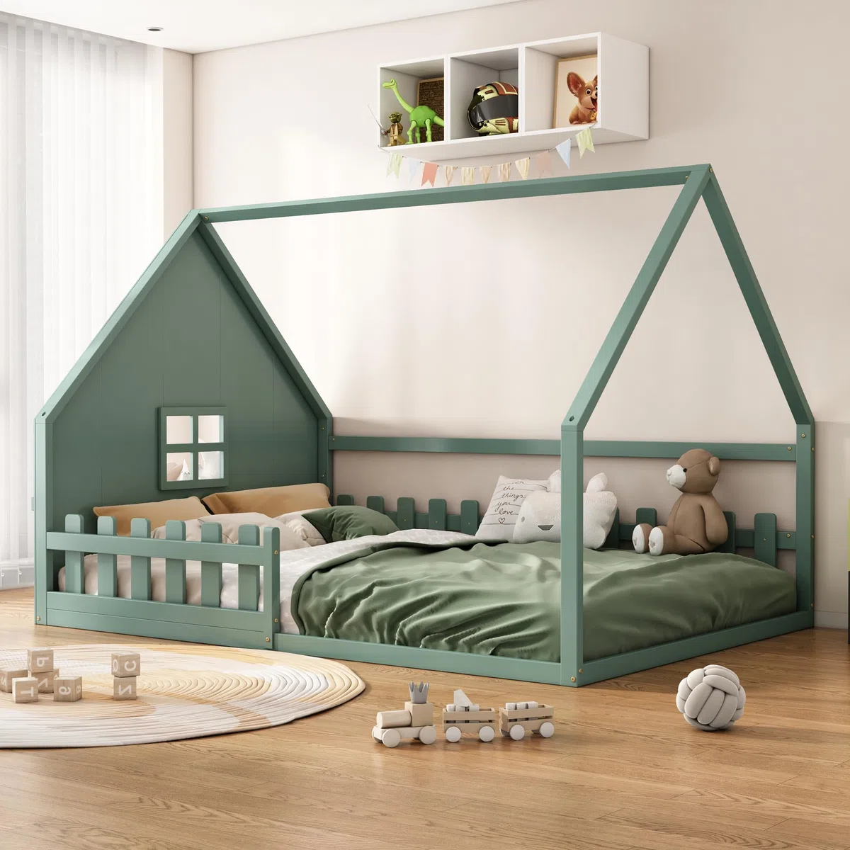 Soweiz Cama plana, cama infantil, estable y duradera, diseño simple, segura para camas de suelo, molduras, barandillas, madera de pino, 140 x 200 cm (verde)