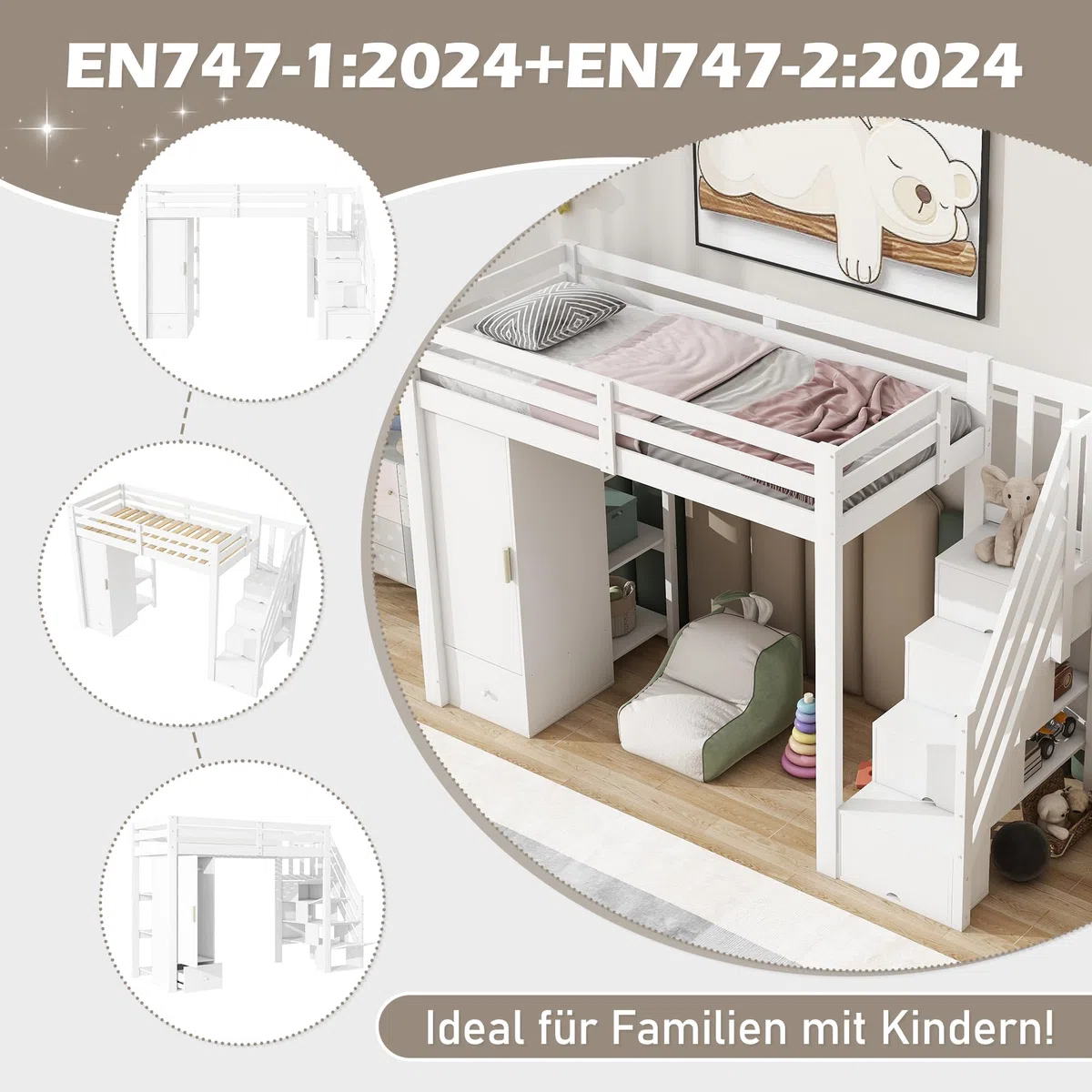 Cama alta para niños, 90 x 200 cm, sin colchón, barandilla individual, escalera plegable, cajones, armario, varios estantes, espacio libre combinable según sea necesario