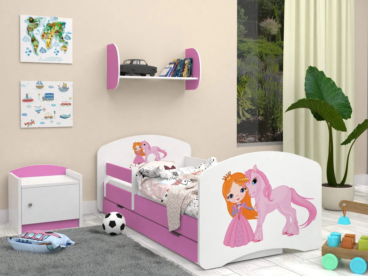 Happy Babies - Cama Infantil Rosa Doble Cara con CAJÓN Diseño Moderno con Bordes Seguros y colchón de Espuma anticaída 7 cm (40. Princesa y Unicornio, 140x70)