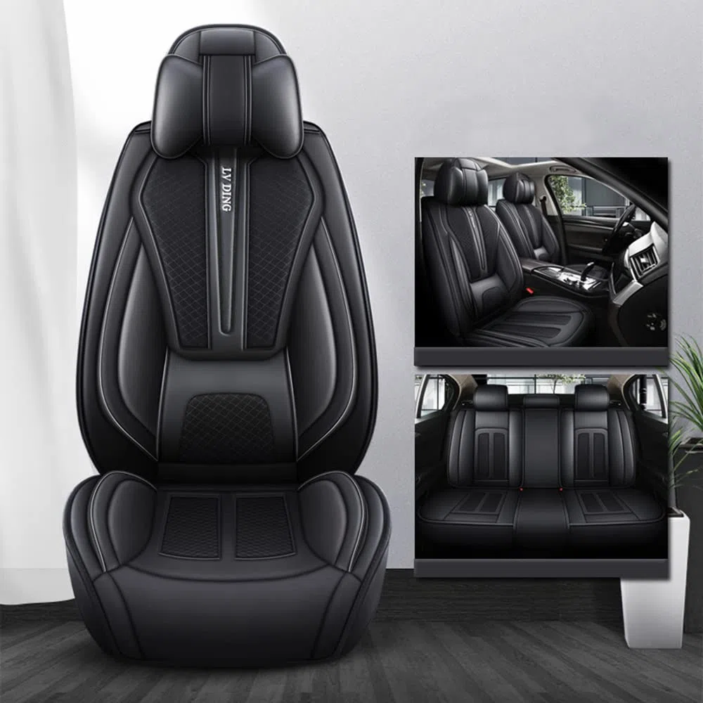 Funda de asiento de automóvil, Universal Cuero Fundas Asientos Protector Asiento Cuero Universales 5-Asiento Cojines de Asiento Automáticos Extraíbles,Negro