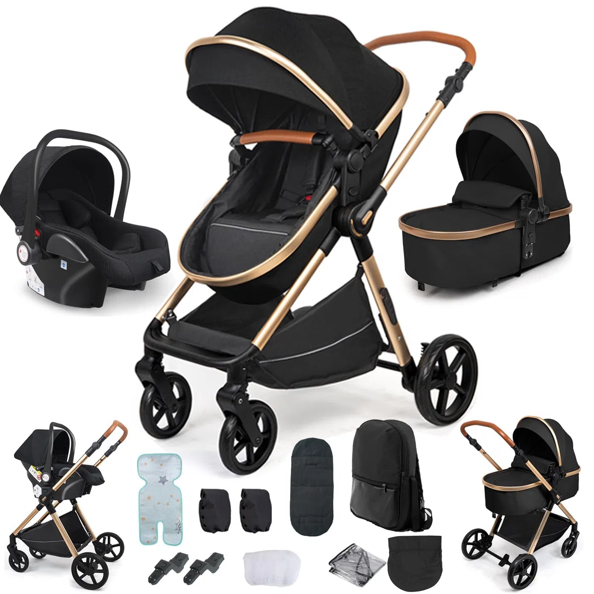 Carrito Bebe 3 en 1, Carro Bebe con Dos Modos de Empuje Reversibles, Cochecito Bebe 3 Piezas con Marco de Aluminio, Carricoche Bebe con Diseño Plegable con Un Solo Clic (H2 Black)