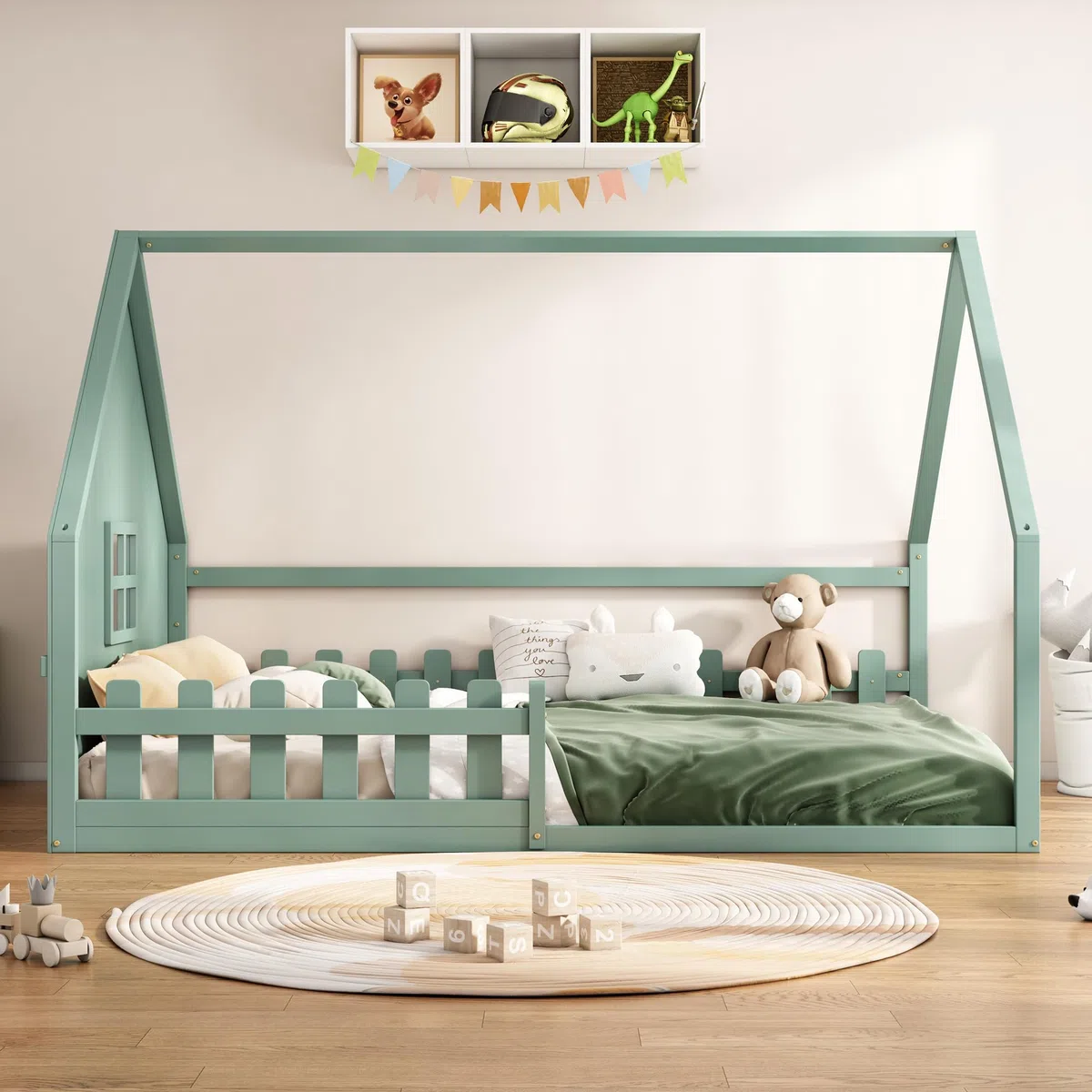 Soweiz Cama plana, cama infantil, estable y duradera, diseño simple, segura para camas de suelo, molduras, barandillas, madera de pino, 140 x 200 cm (verde)