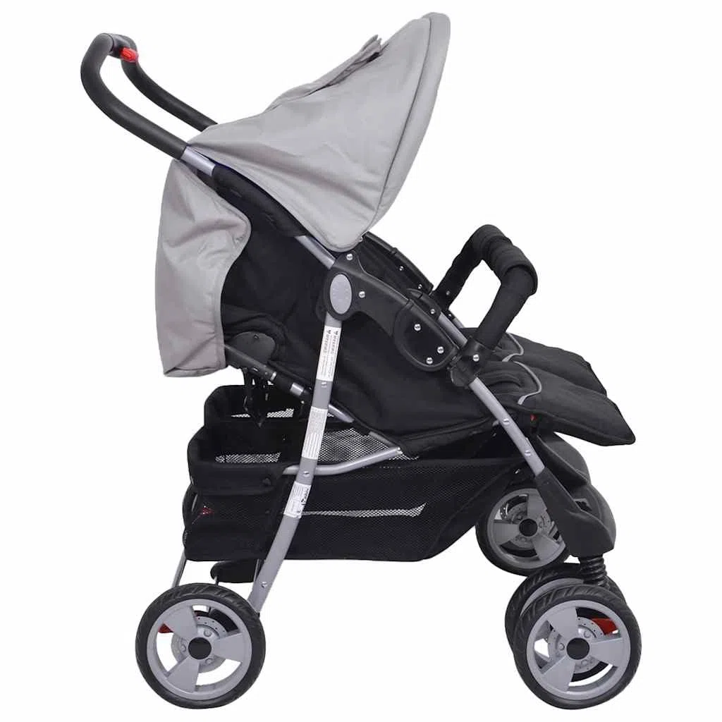 Carrito doble de acero gris y negro, plegable con función reclinable y capota, cochecito ligero para 1 – 2 niños de hasta 15 kg, maniobrable carro combinado para ciudad, paseo y compras