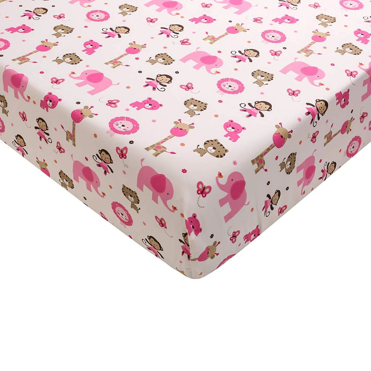 Brandream Juego de ropa de cama para cuna de elefante rosa para niñas | 3 piezas Jungle Nursery Set, león, mono, tigre, oso, mariposa, jirafa, mono, pájaros, tema del zoológico de animales dulces