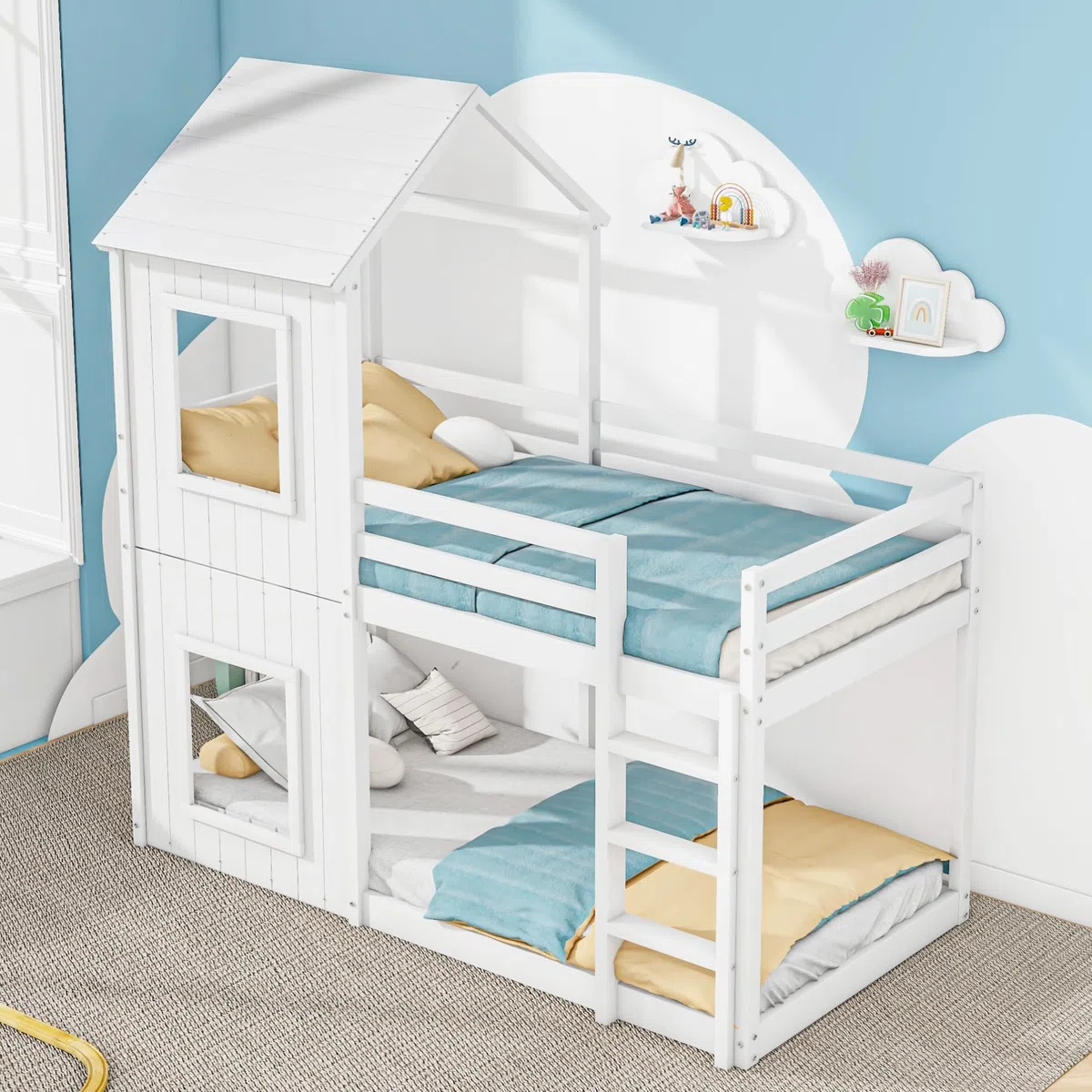Litera 90x200cm, Cama Infantil, casita para niñas y niños, con Escalera y Dosel, del Suelo al Techo, Madera Maciza