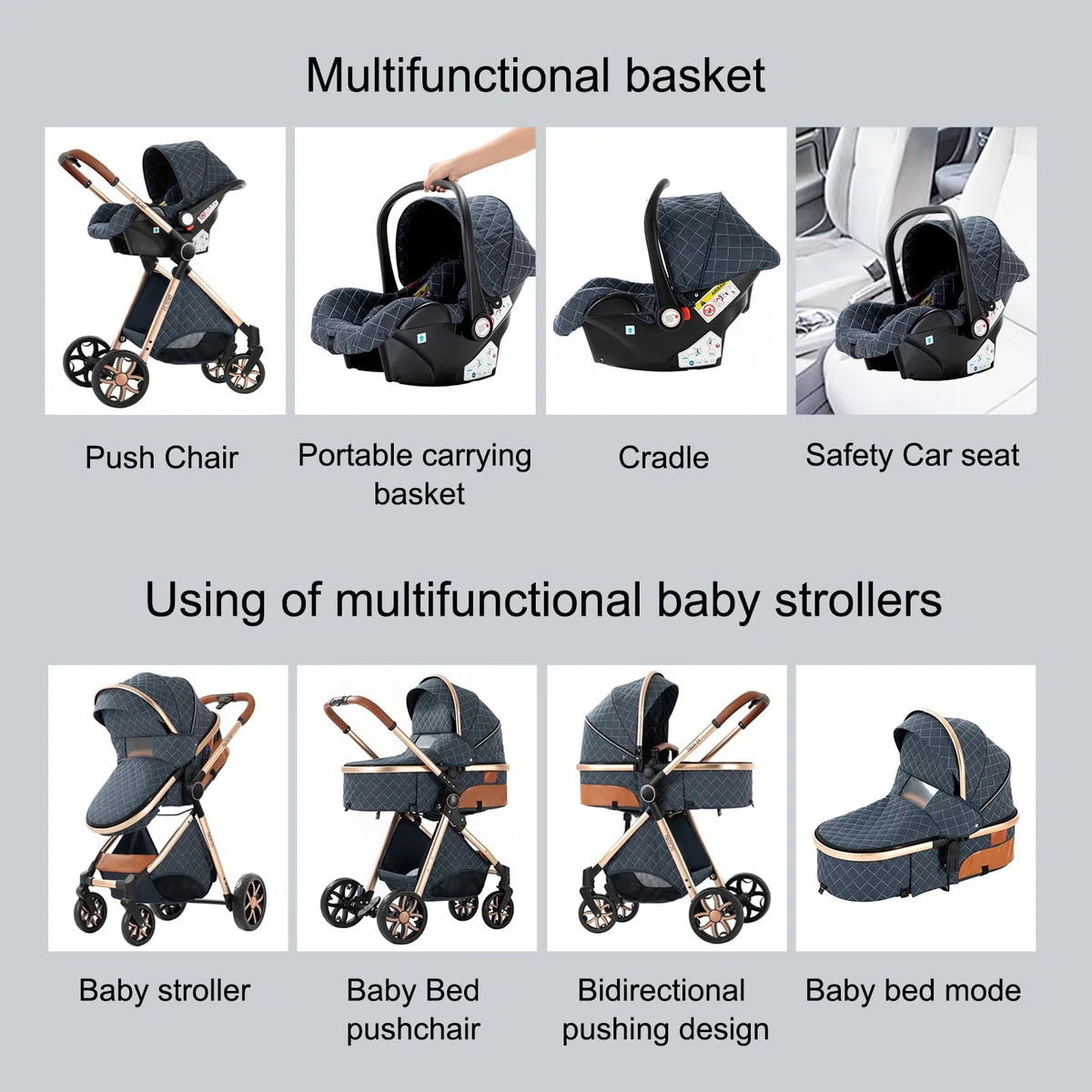 Carro Bebe 3 Piezas, Carrito Bebe 3 en 1 con Dos Modos de Empuje Reversibles, Cochecito Tres Piezas con Capazo Grande Cómodo, Carricoche Tres Pieza Alto Paisaje (YV9 Black)